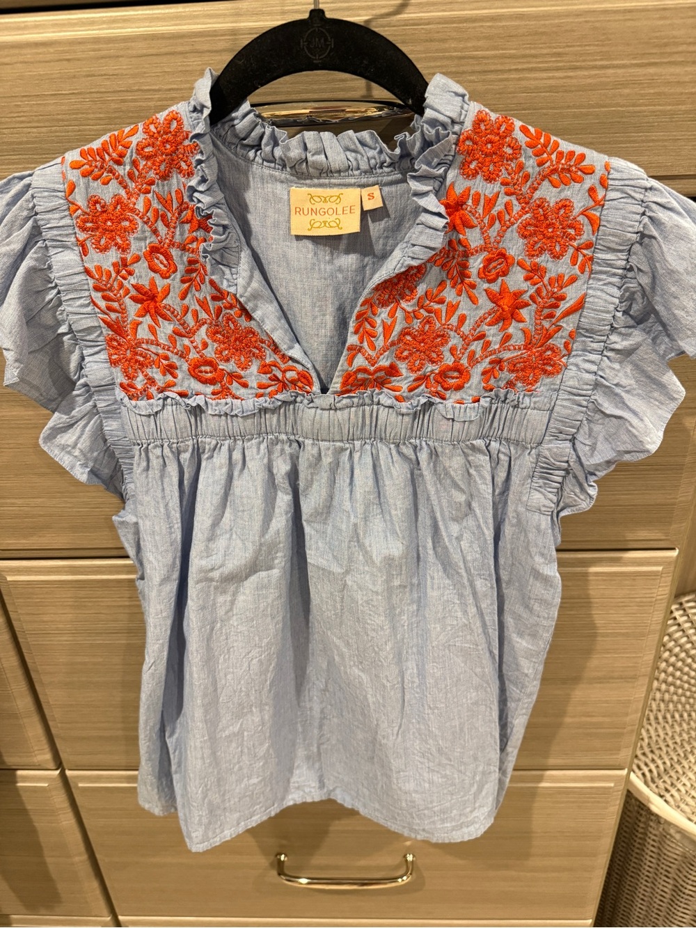 Rungolee Light Blue Peasant Top with red Embroidered Yoke